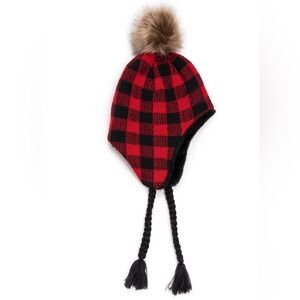 NWT Muk Luks Red & Black Buffalo Plaid Check Trapper Hat Pom Pom & Tassels